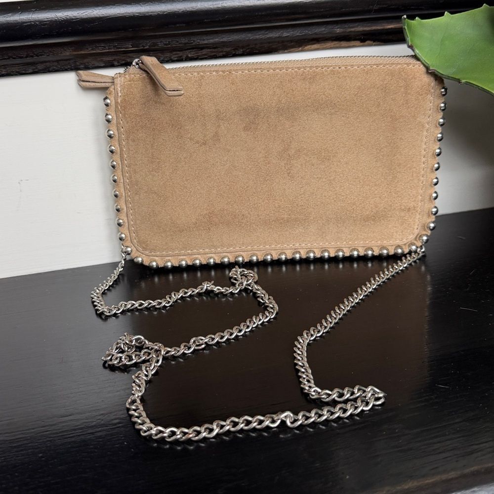 Zara genuine leather suede crossbody clutch shoulder bag studded neutral - Picture 4 of 9